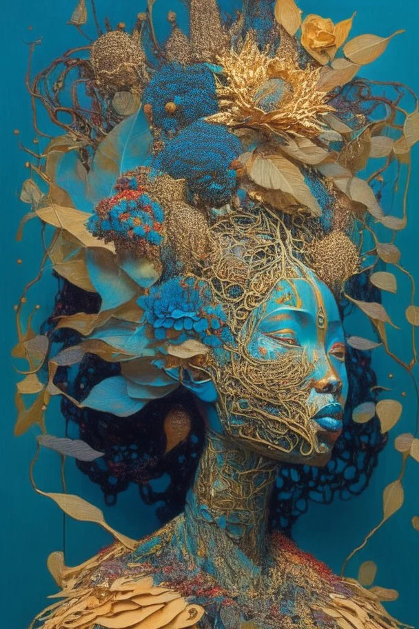 Surreal picture entitled "queen of the damned"; Ethereal woman wearing excruciatingly beautiful quilling made of objects from nature with flowering plants growing from the top her head", hyper-detailed, constructivist, stunning, dynamic, Victo Ngai, Michelangelo, Dali