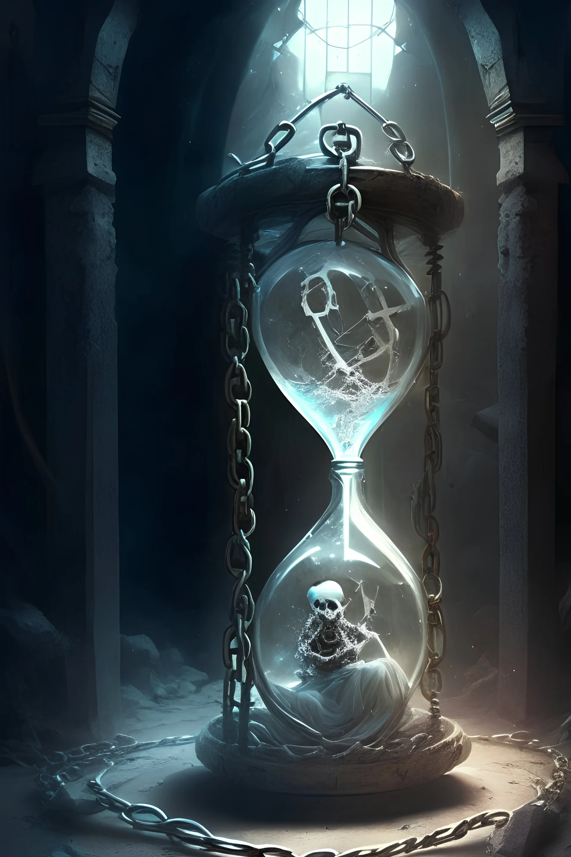 a ghost chained to a metal ball inside of an emptying hourglass inside of a dungeon