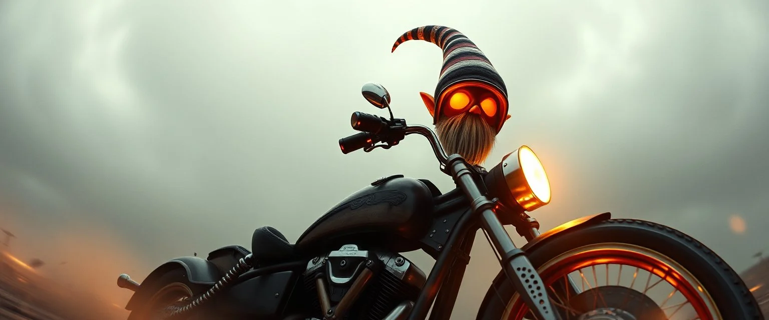 style John Atkinson Grimshaw,3d airbrush render, cut out darkling slender gnome on huge chopper bike with bright aura , pinhole cam, airbrush 3d rendering, torn edges on helmet visir border, character reaches outside border