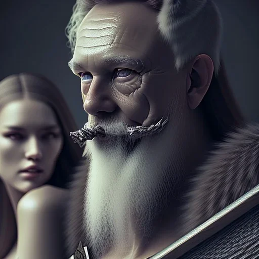 Viking theme, a younger woman sitting next to a 50-year-old man, portrait, 8K, close-up face, anatomically perfect face, Highly detailed stunning full frame portrait, misty and cloudy atmosphere