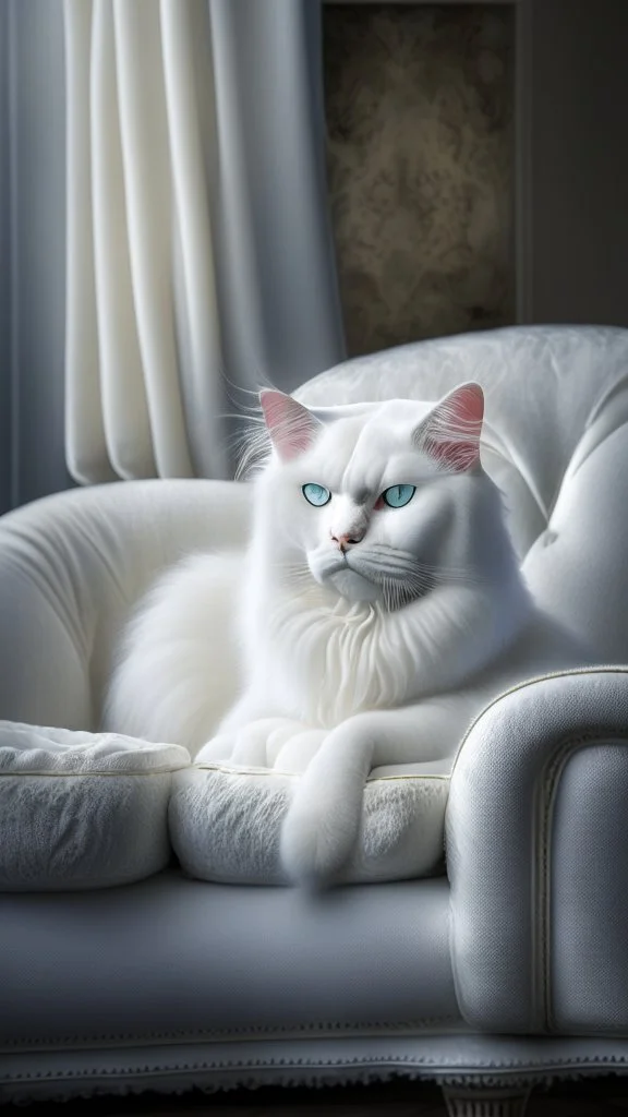 White cat, sitting on a sofa hdr