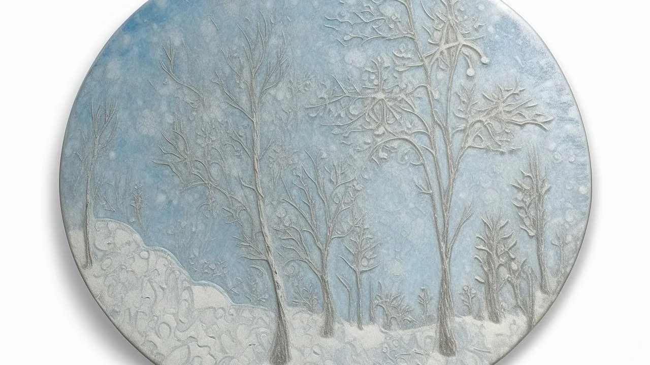 A light pale bluish silver tundra with falling snowflakes designed in ancient Egyptian hieroglyphics painted by Claude Monet