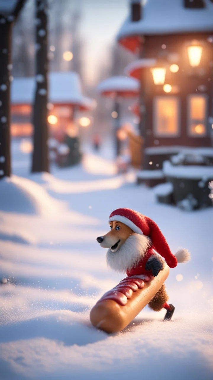 "nisse" rolling a really warm hot dog to showel the snow and get a nice path, bokeh like f/0.8, tilt-shift lens 8k, high detail, smooth render, down-light, unreal engine, prize winning