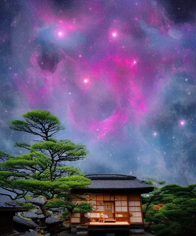 Japanese tea house in outer space with a nebula and otherworldly trees