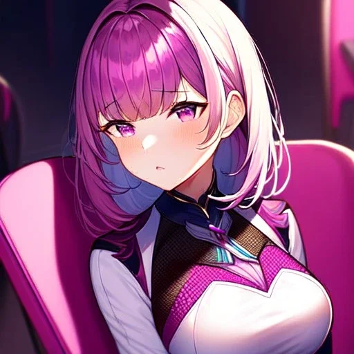 Girl, high quality, detailed, pink chair, purple eyes, embarrassing