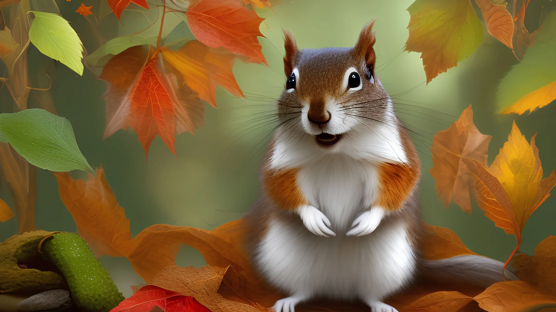 The image captures Sesame, the little squirrel, joyfully climbing a tree in a serene forest. His face reflects curiosity and delight, and in his hands, he holds a collection of nuts and fruits. The background is filled with autumn trees and colorful leaves, highlighting the beauty of the season and Sesame's unique adventure. Style, cartoon