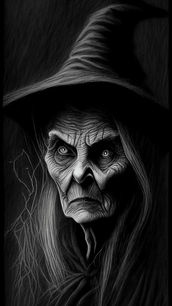 pencil drawing of old witch, Spooky, scary, halloween, realistic, black paper