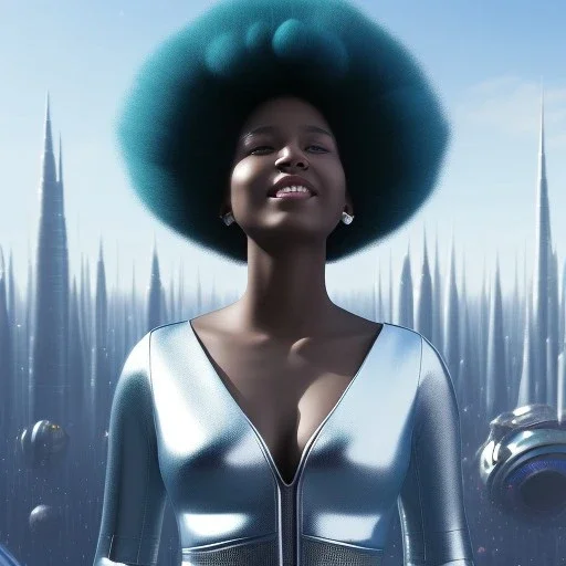 Ultra realistic photo. volumetric lighting , scientist. Young black woman, young, big smile. Joy. smiling. Afro futurism. Afro puffs. Blue hair. Ombré hair Cotton candy. Futuristic cities in background. Space. Space travel. Silver. Cities