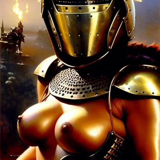 portrait ' Sexy Extra busty Power Girl naked ',ancient metal armor and Helmet ,painting by gaston bussiere, greg rutkowski, yoji shinkawa, yoshitaka amano, tsutomu nihei, donato giancola, tim hildebrandt, oil on canvas, cinematic composition, extreme detail,fit full head inside picture,16k