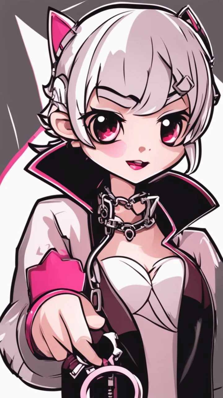 A close picture to blind cute vampire with white and pink short hair, slave, Tusks, malicious smile, Handcuffs, Weapon handcuffs in Stop-motion animation model with dynamic art style witg