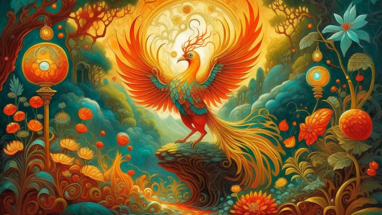 Slavic mythology fantasy illustration: enchanting garden with lush greenery and beautiful stone winding paths, with small tiny lanterns in the trees. Depict only one creature the Firebird. The body of the Firebird is adorned with feathers of vibrant red, orange, and gold, each one glowing with an otherworldly brilliance.