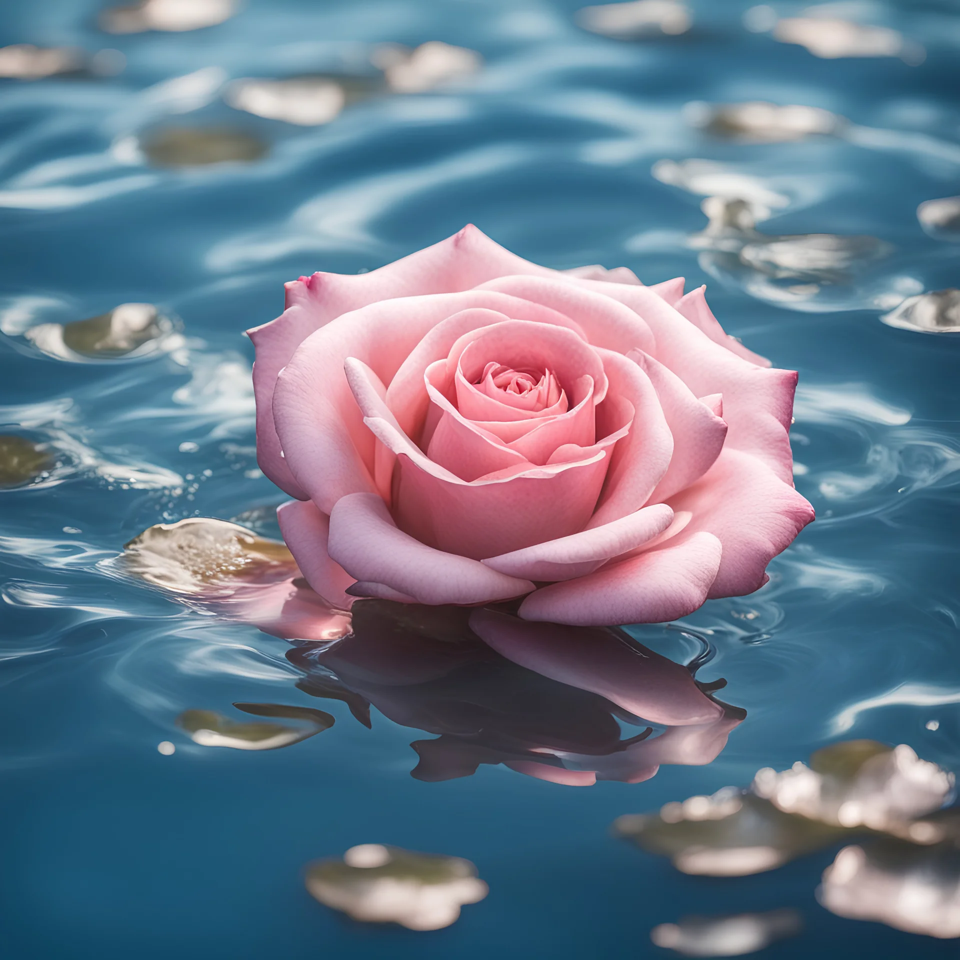 beautiful pink rose flower float on sunny blue surface water