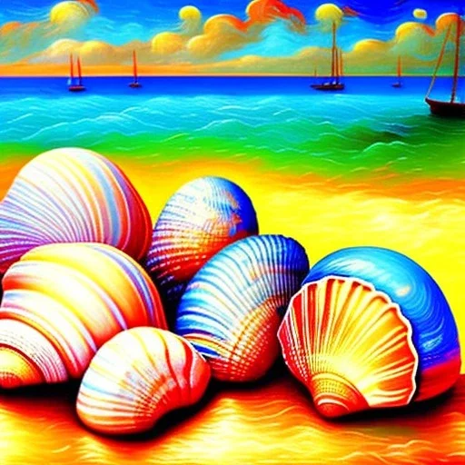 Dibujo al oleo de Conchas pintadas con nubes de colores en la orilla de la playa, con nubes de colores, barcas, con estilo de Van Gogh 4k