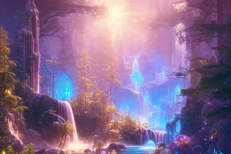  white and gold crystal cosmic ambiance，waterfall, full of details, smooth, bright sunshine，soft light atmosphere, light effect，vaporwave colorful, concept art, smooth, extremely sharp detail, finely tuned detail, ultra high definition, 8 k, unreal engine 5, ultra sharp focus