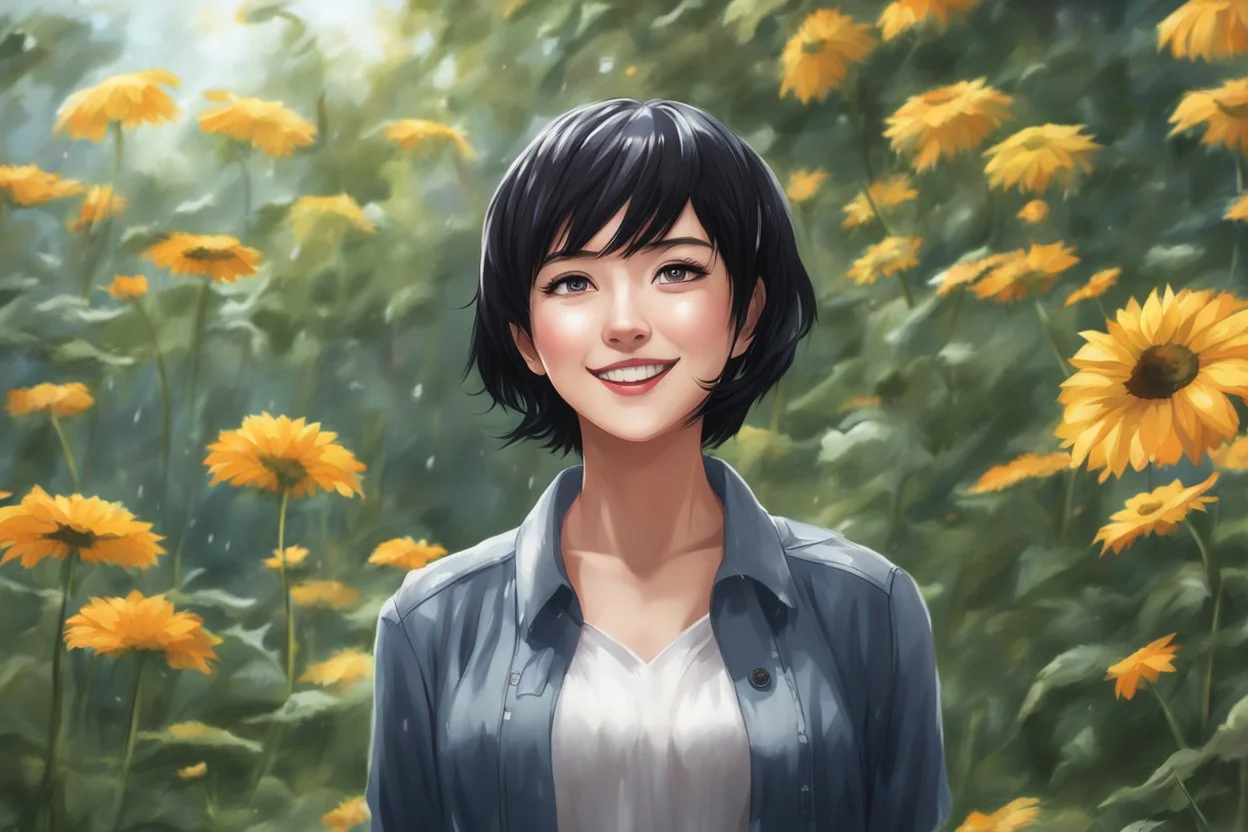 Happy elizabeth with short black hair in 8k 2D anime realistic drawing style, elizabeth custom, close picture, rain, highly detailed, high details, detailed portrait, masterpiece,ultra detailed, ultra quality