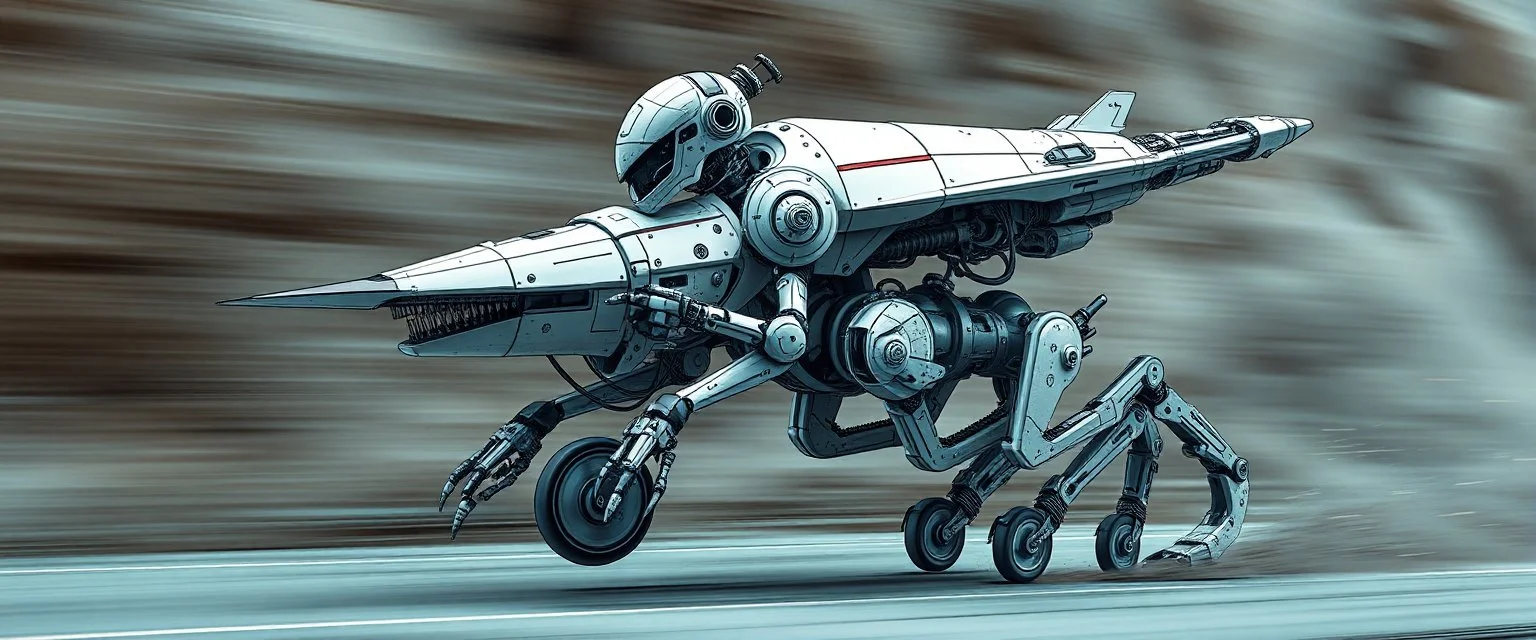 blind contour robot eel knight lancer with no teeth, like space ship fighter jet massage master guru fast moving motion blur background, landing wheel gears