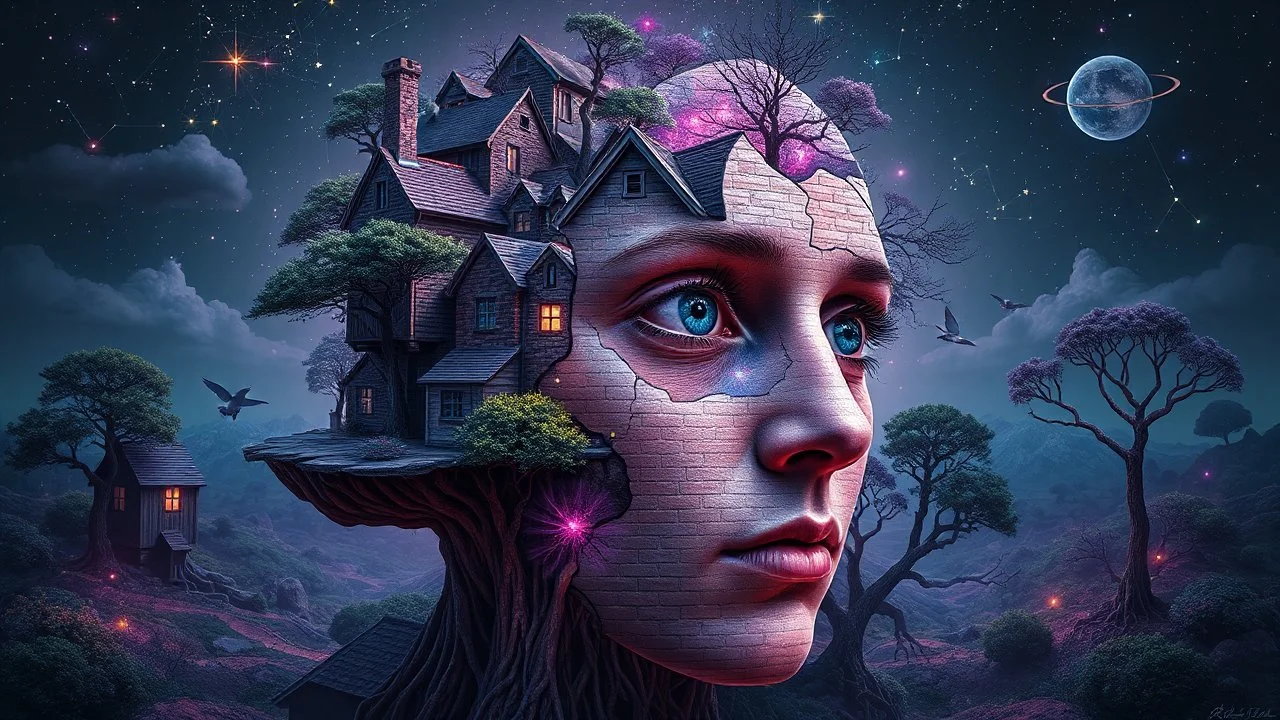 A hyper-detailed, surreal photographic composition blending impossible geometries with organic elements. At the center, a fragmented human face emerges from a village landscape, its features dissolving into: Architectural absurdity: Floating cottages with lace-like brickwork Celestial interference: Constellation patterns etched into skin pores Natural surrealism: Trees growing through eyeballs, roots forming mathematical fractals The scene glows with an eerie luminescence (deep indigo to violet