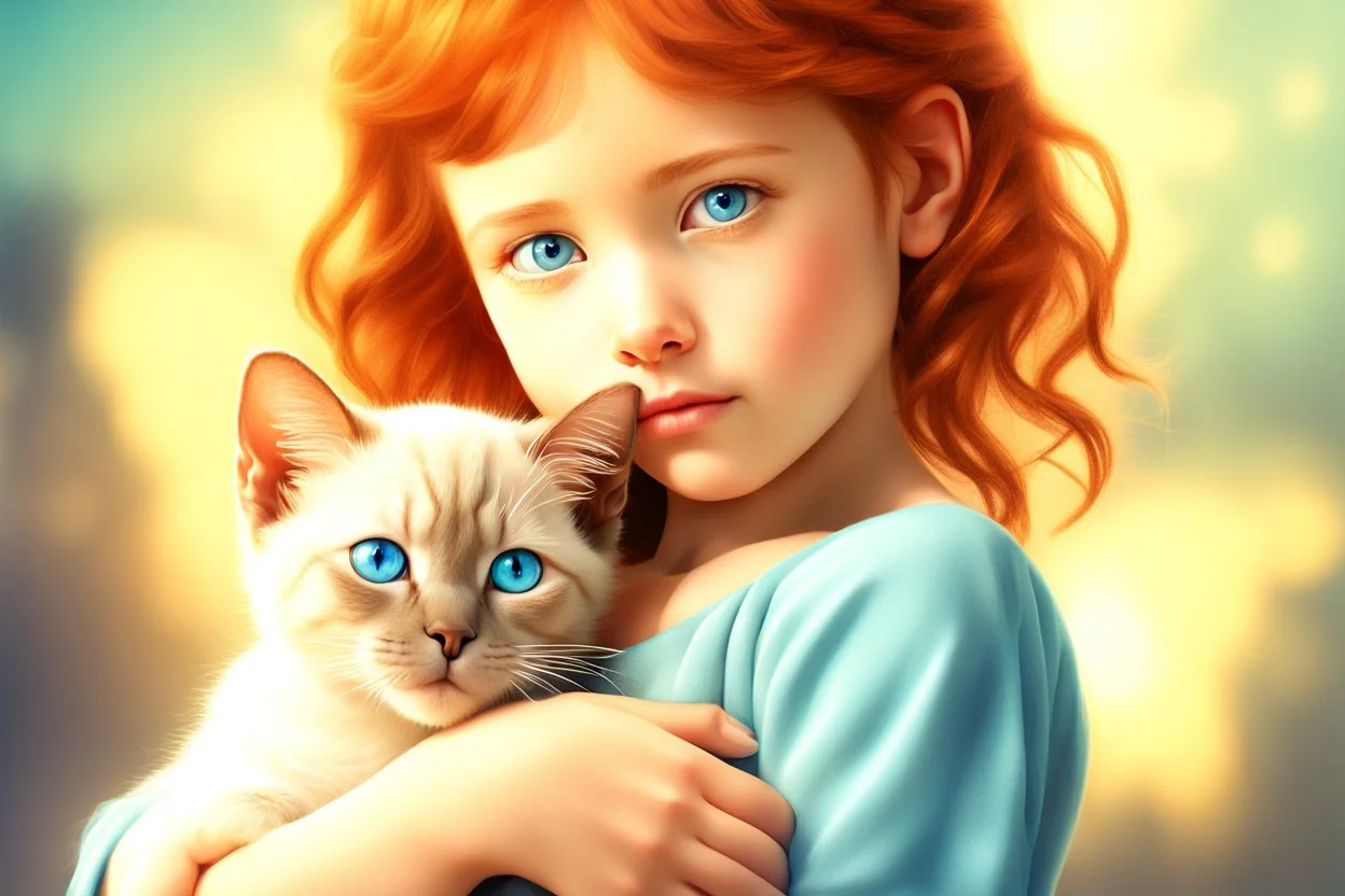 young red haired child lovingly cradles a sweet blue eyed Siamese kitten in her arms, the two of them exuding an air of peace and grace. Modifiers: Award winning photography fantasy oil on canvas photorealistic very attractive dynamic lighting fantastic view ultra detailed cinematic postprocessing VRay neon Iridescent aesthetically perfect facial features Tesselated