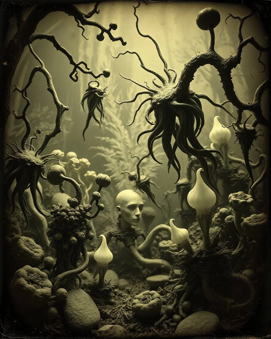 A daguerreotype-style close-up image of a surreal background inspired by Hieronymus Bosch and Max Ernst, featuring twisted organic forms, decaying botanical elements, and strange vegetal growths that seem to pulse with unnatural life. The entire scene is bathed in soft, ambient lighting that creates an otherworldly atmosphere, with areas of deep shadow contrasting against the pale, spectral glow of the figures.