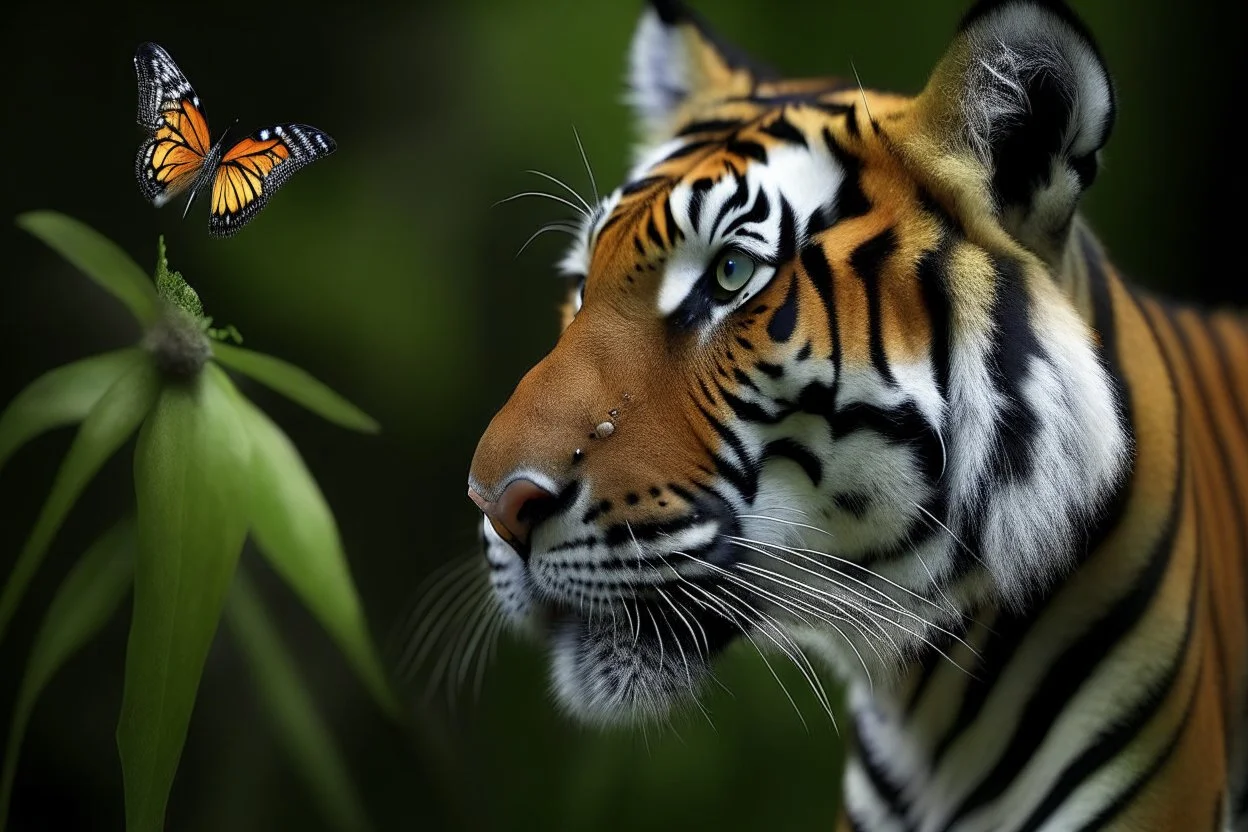 tigre qui observe en louchant un papillon posé sur son nez