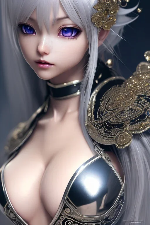 Detailed cute anime Kunoichi elf girl, silver hair, silver bangs, black latex bodysuit, intricate details, full body portrait, keep head in frame, slight smile, black Japanese motif, concept art, highly detailed, digital painting, concept art, sharp focus, illustration, art by Yoji Shinkawa, WLOP and greg rutkowski and alphonse mucha and artgerm and yanjun Chen and Junji ito and Makoto Shinkai, HDR, octane render