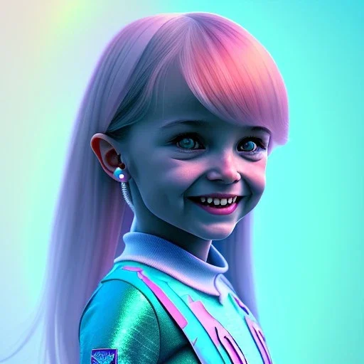 A portrait of a crystalised little girl,smiling, longs hairs, atmospheric, realistic,, cinematic lighting, octane render, colors pink turquoise light