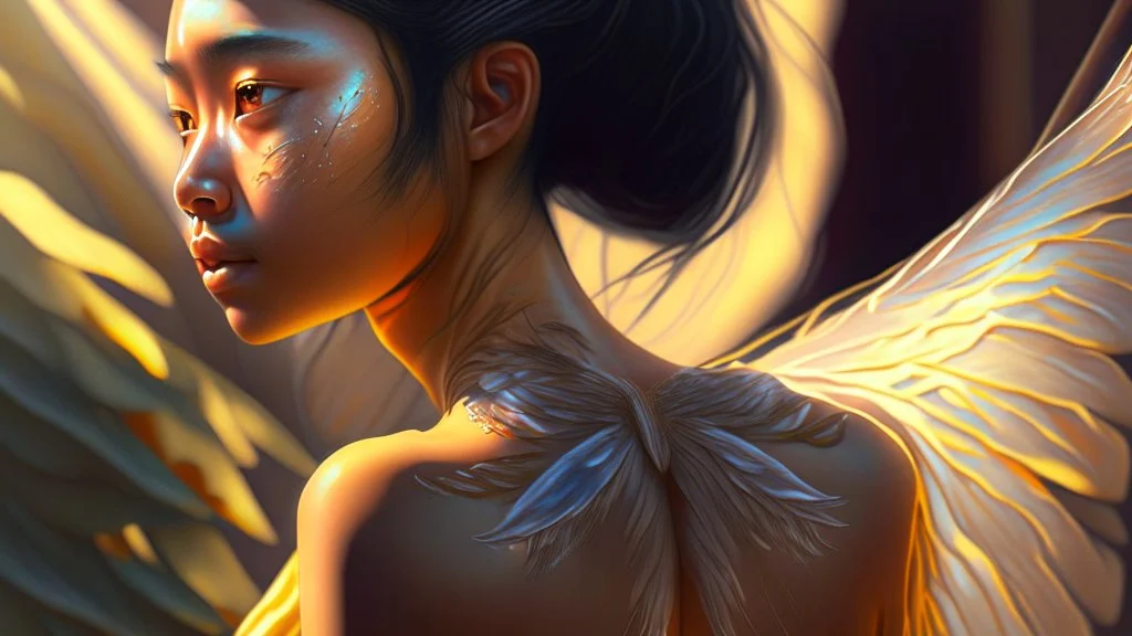 beautyfull asiatic woman, art by kiera malone , concept art modern photorealistic, in the style of , Artstation, sunlight, Unreal Engine sharp fine details trending on artstation reflections 4k ultra realistic post-processing A detailed illustration of a beautiful young female human with growing out of her back. Her skin, hair and face are all made of paint. Her wings are spread. Front view. Highly detailed flawless facial features and eyes. Abstract Oil painting splash art. White ba