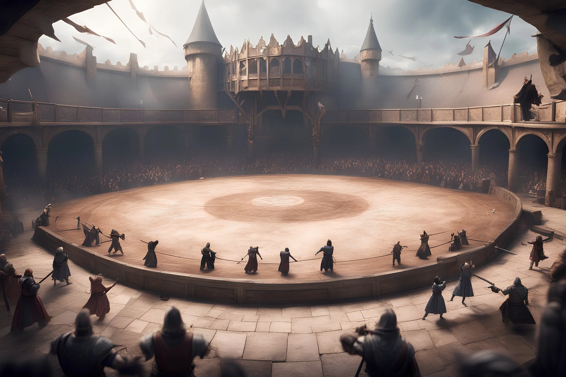 fantasy medieval fighting arena, frontal view with people on back