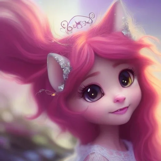 Cute beautiful princess cat girl in a fantasy world; beautiful sparkling eyes with beautiful eyelashes, magical world, extremely detailed long curly fur, high quality picture, beautiful full volumetric lighting, cinematic shimmering illumination, brilliant coloring, smooth, sharp focus, crispy quality, vray; Pixar, Disney, Artstation; HD, HDR, SF, CGSociety, 16k, photorealistic, unreal engine