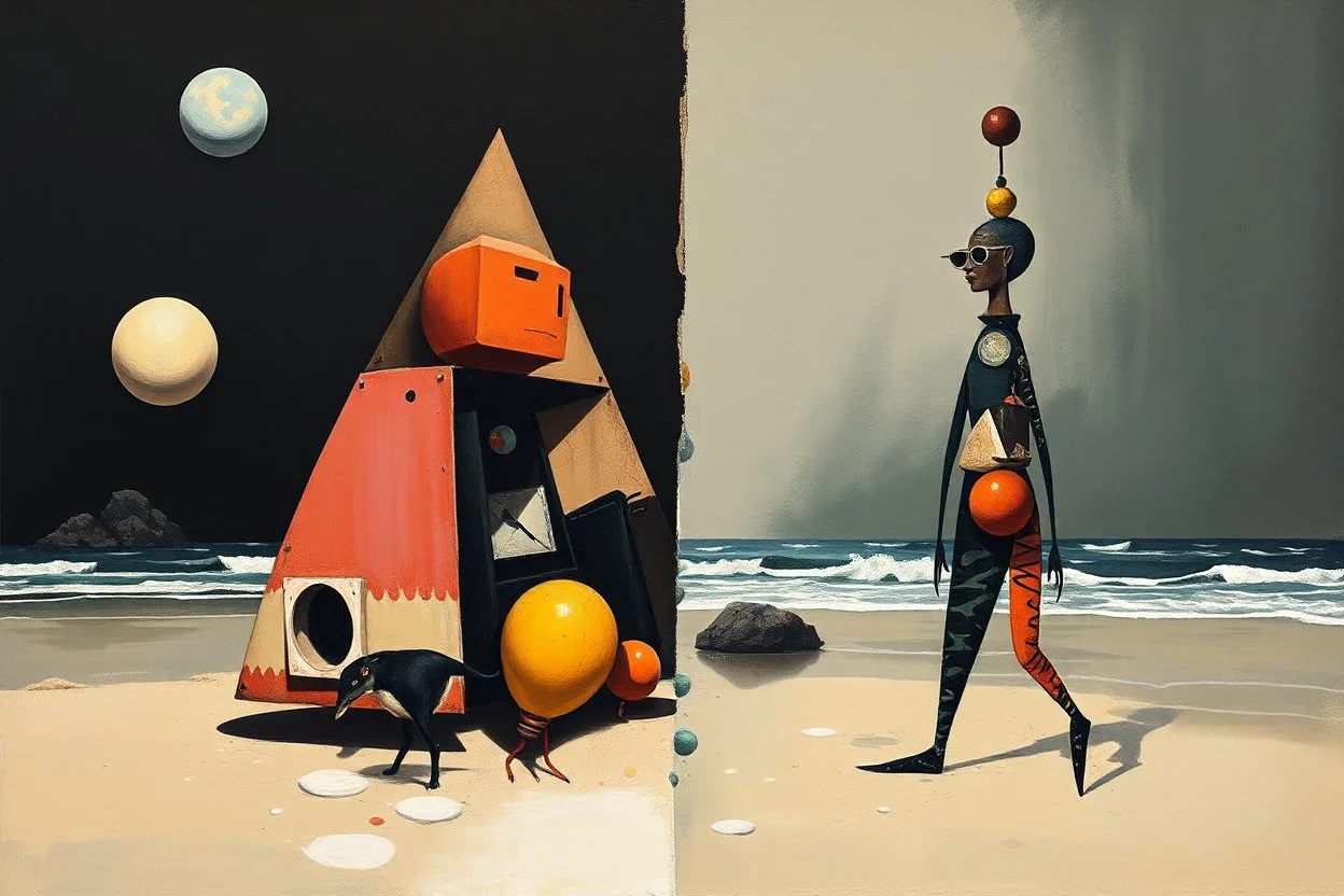 Eclectic Surrealist Fusion, oil painting, cubism beach, double exposure, Yves Tanguy, Joan Miró, stylish, dark negative space, anthropomorphic conglomerated geometric shapes