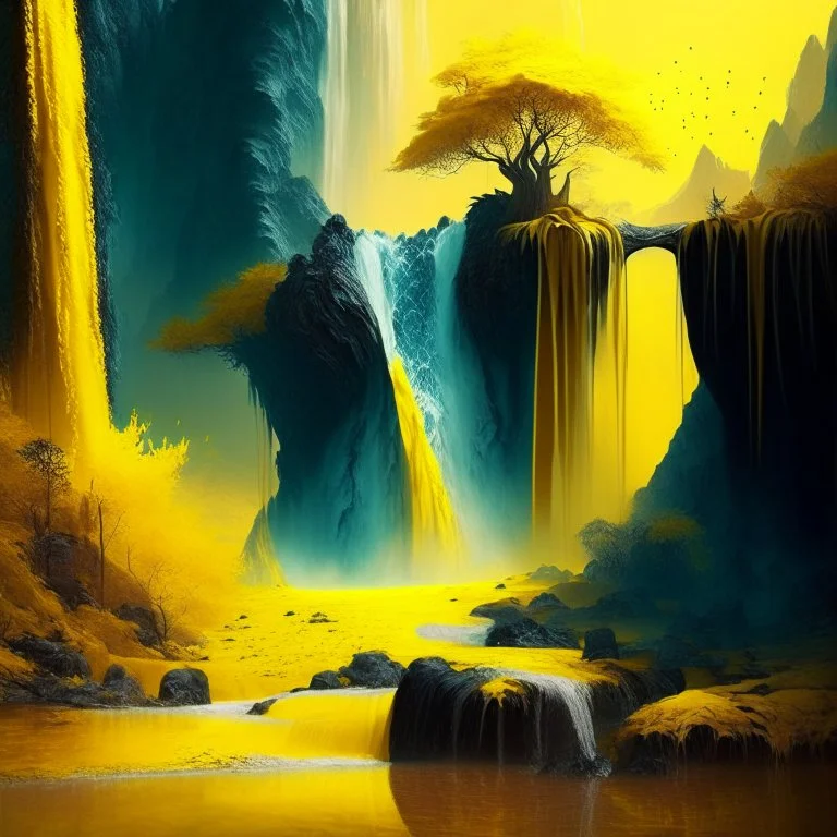 A yellow fantasy landscape with a waterfall