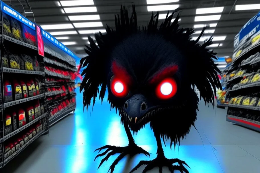 a strange completely black creature with 1 red eye raging at fortnite inside a walmart