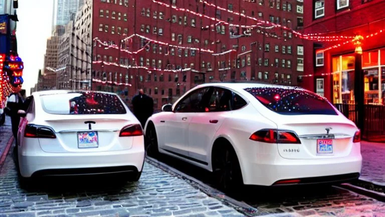 A Tesla's 'Model S Plaid' is racing at top speed, on the South Street Seaport, in New York. CINEMATIC. WIDE ANGLE LENS. PHOTO REAL.
