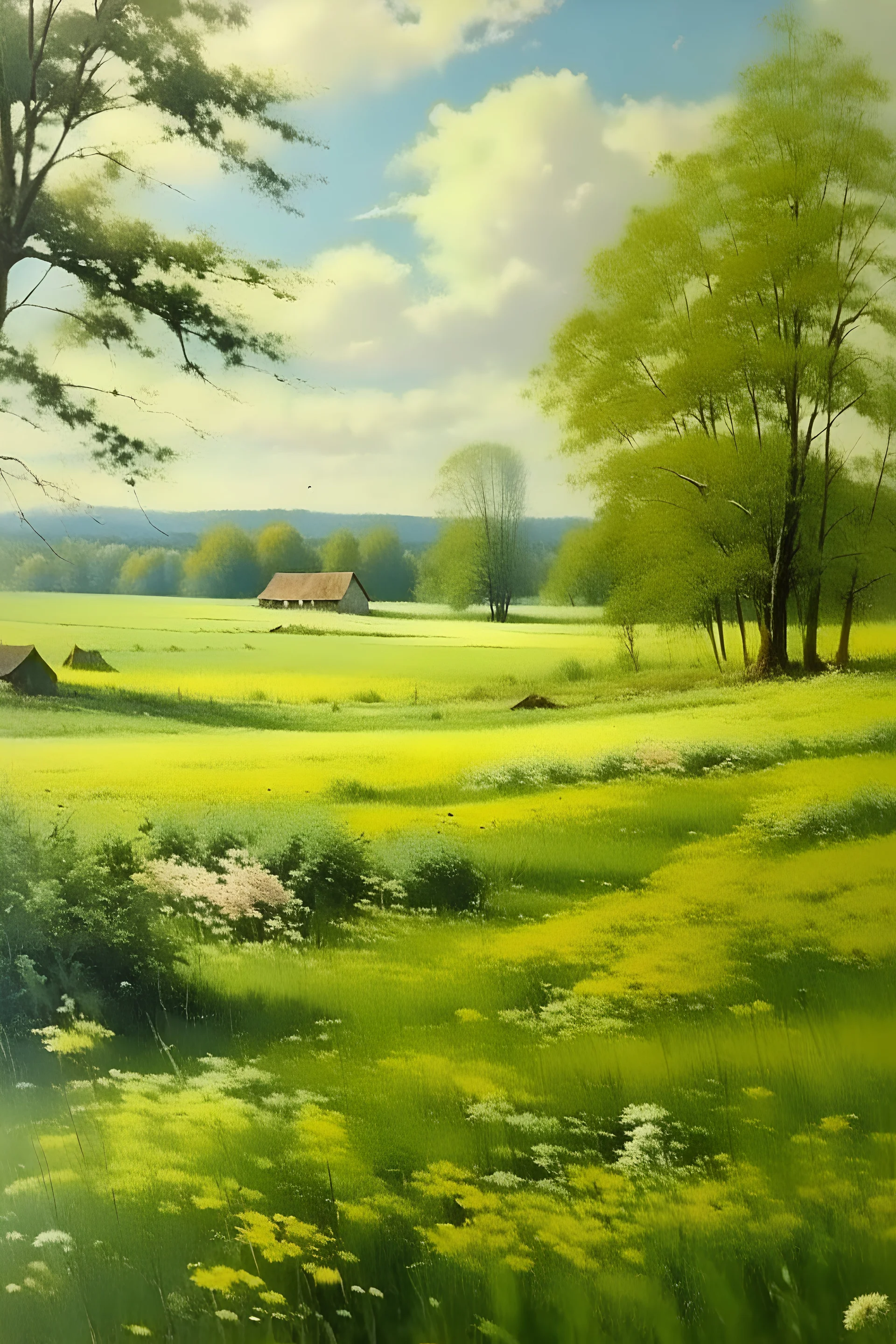 Spring Meadow Painting | Vintage Landscape Print | Country Field