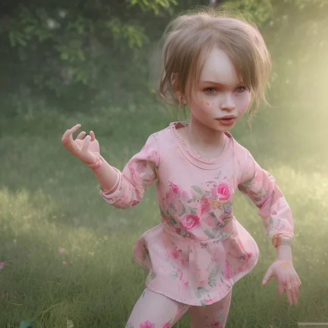 Lilly rose depp toddler, full body, floral clothes, dynamic pose, tokio background, dramatic lighting, hyper realistic, unreal engine, 8k, upscale