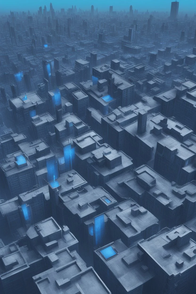 Dystopian city filled with blue flags