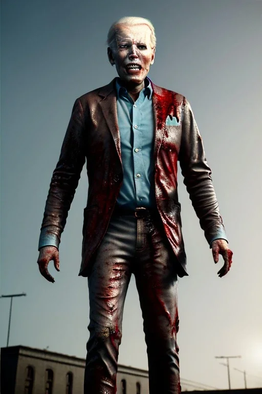 realistic image, joe biden zombie, zombie performance, blood, skull, night, walking twisted, waist up view, dark ambient, highly detailed, sky background, concept art, unreal engine 5, god rays, ray tracing, RTX, lumen lighting, ultra detail, volumetric lighting, 3d, finely drawn, high definition, high resolution.