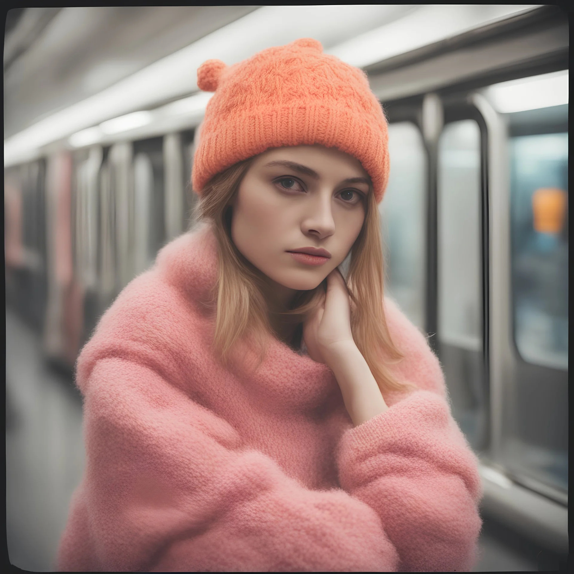 Isabelleadjani, sad,in the metro in the style of a polaroid,, pink,orange, with a knitted hat