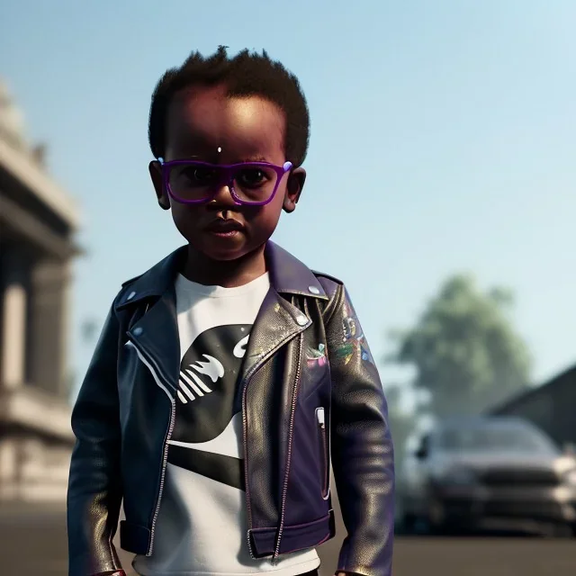 Zaire beetz toddler, full body, leather jacket, floral shirt, floral skirt, Nike sneaker, soft skin, city background, dramatic lighting, hyper realistic