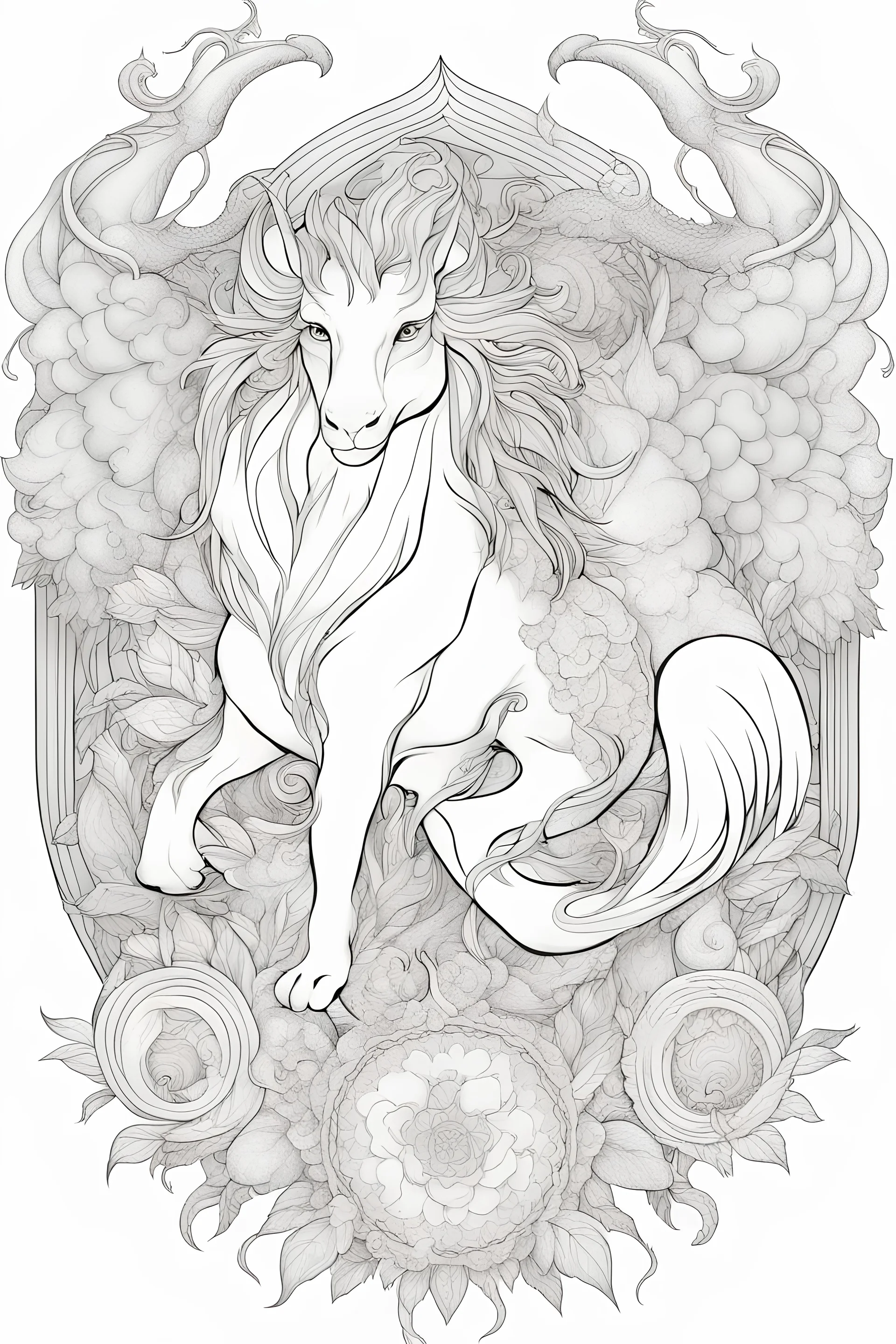 outline art for Dreamy mythical creatures coloring pages with mythical beasts, white background, Sketch style, full body, only use outline, Mandala style, clean line art, white background, no shadows and clear and well outlined