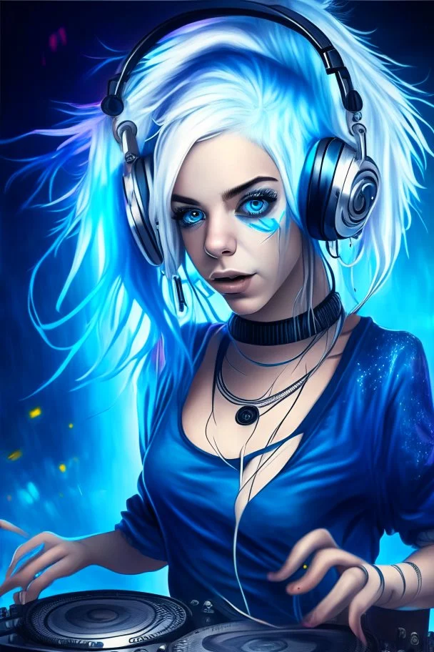 blue-white Haired Grey eyed Beautiful DJ girl spinning tunes at a disco club