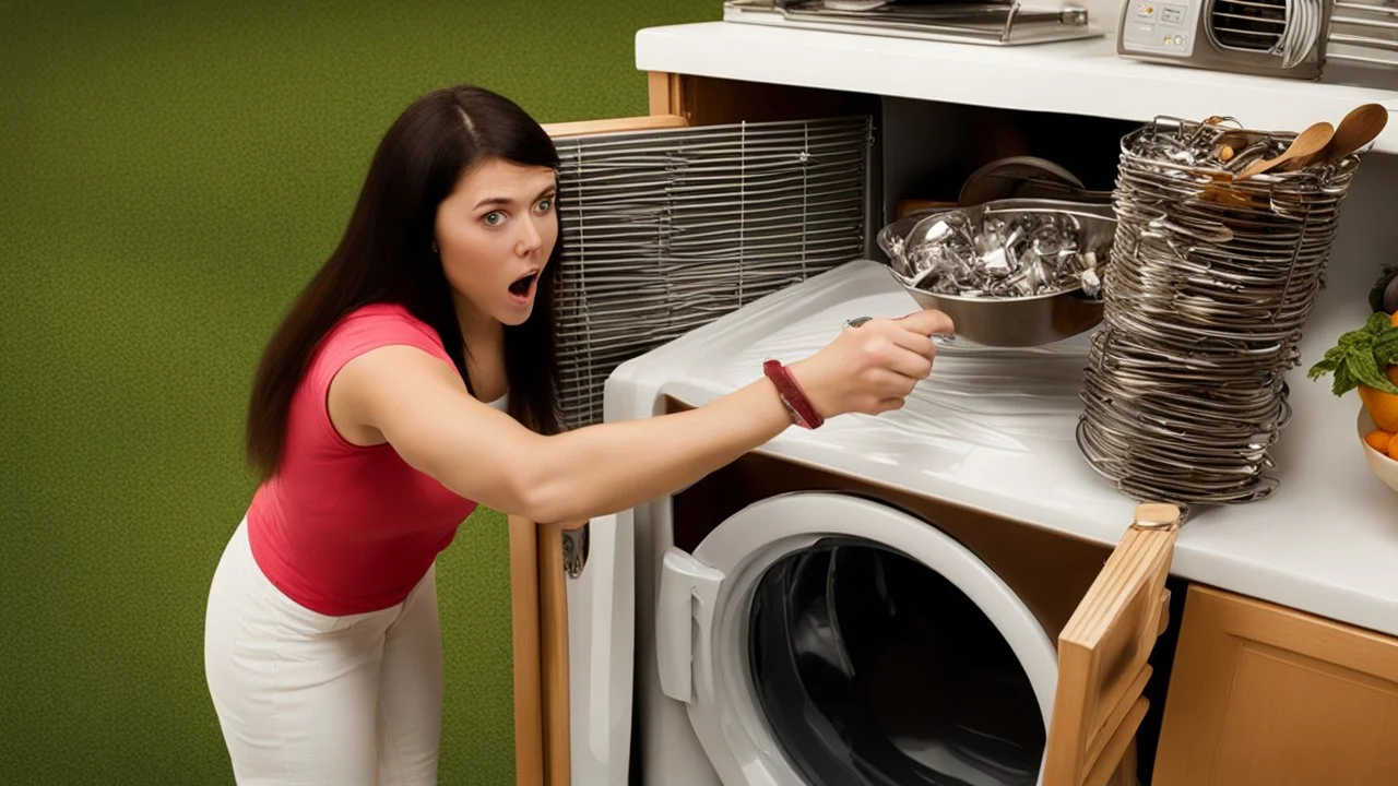 very confused young woman tosses a few metal spoons into her household dryer