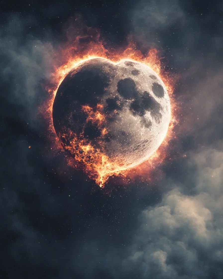 Moon, biological heart, cinematic, {abstract}, depression, space background, atmospheric, fire, DLSR, soft focus, dispersion