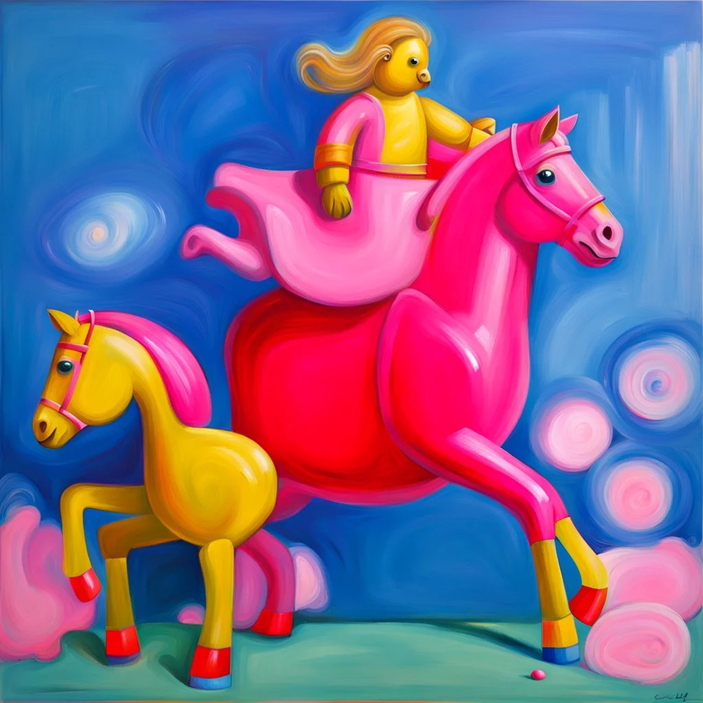 Big pink plastic toy horse.19th painting