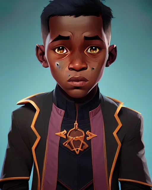 Portrait of a handsome black skinned toddler warlock boy with dark hair by Jim Kay