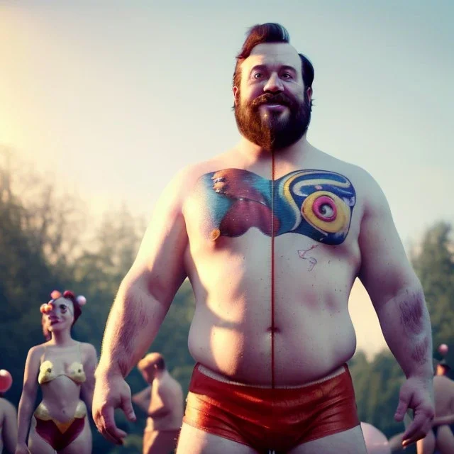 Ultra realistic circus scene. Classic Naked strongman, waist up view, old school tattoo, Wes Anderson style, happy, bubbles, butterflys, highly detailed, concept art, unreal engine 5, god rays, ray tracing, RTX, lumen lighting, ultra detail, volumetric lighting, 3d, finely drawn, high definition, high resolution.