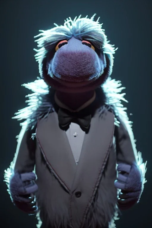 Waist up muppet Portrait, Vladimir Putin as muppet doll, Black suit, photo studio, blue background, unreal engine 5, concept art, art station, god lights, ray tracing, RTX, lumen lighting, ultra detail, volumetric lighting, 3d.