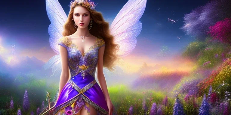 bright fairy, beautiful portrait, flowery landscape