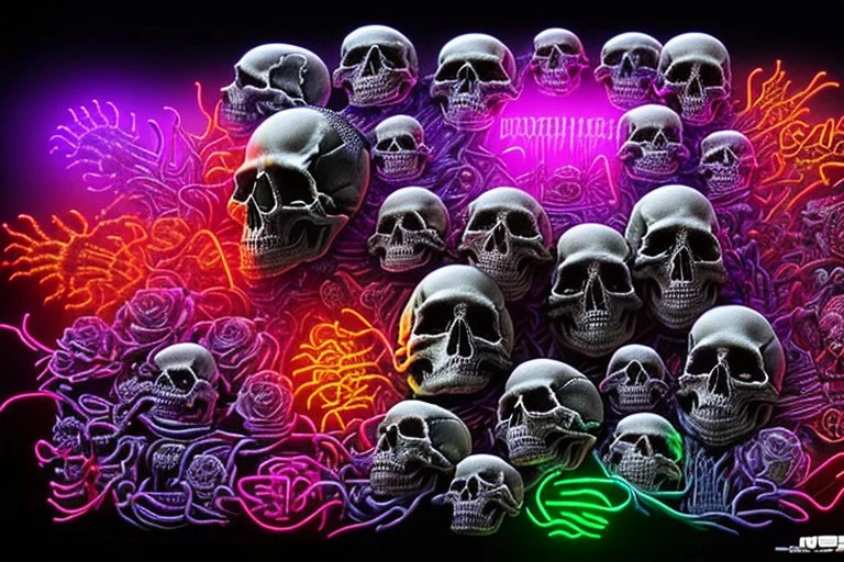 hundreds of non-anatomically correct, dark comic art, graphic novel,human skulls stacked into a wall unusual neon lighting, high velocity, 64k, dystopian, vray, a picture of a dark, comedic, anatomically correct wall of colorful tightly packed skulls of varying sizes and expressions, photo realistic, insanely meticulous, highly detailed, part of a collection of bones on display, 64k, dystopian, vray ,made with stained glass