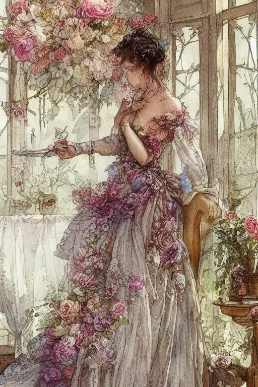 beautiful woman in romantic floral dress ironing in a luxurious room by Jean-Baptiste Monge, watercolor and ink, intricate details, fantasy, beautiful, award winning, colorful, fantastic view, crisp quality in sunshine